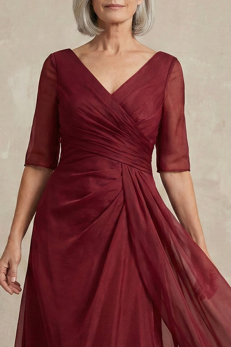 Load image into Gallery viewer, Red V Neck A Line Long Mother of the Bride Dress with Sleeves