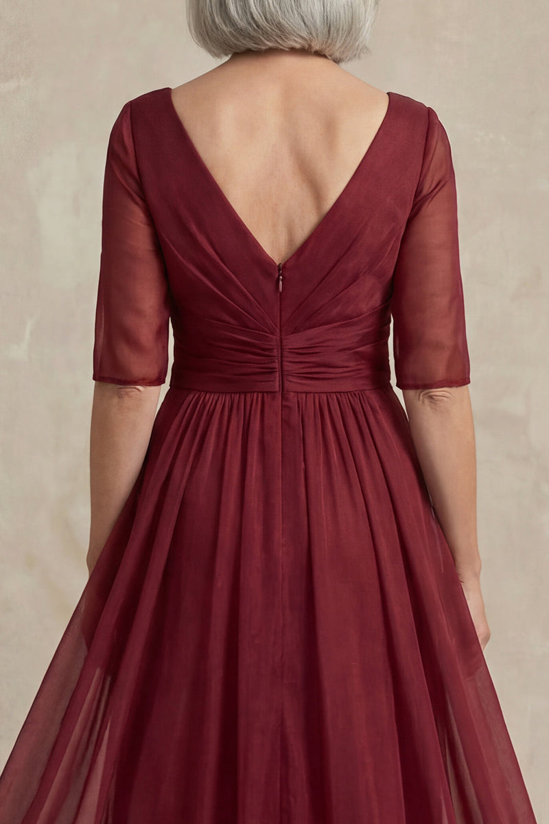 Load image into Gallery viewer, Red V Neck A Line Long Mother of the Bride Dress with Sleeves