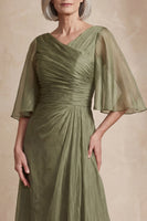 Load image into Gallery viewer, Dusty Sage Flutter Sleeves Long Ruched Mother of the Bride Dress