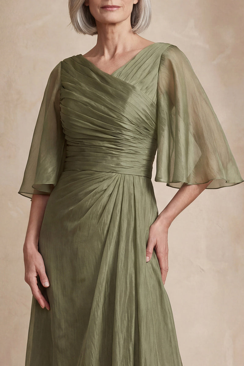 Load image into Gallery viewer, Dusty Sage Flutter Sleeves Long Ruched Mother of the Bride Dress