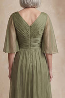 Load image into Gallery viewer, Dusty Sage Flutter Sleeves Long Ruched Mother of the Bride Dress