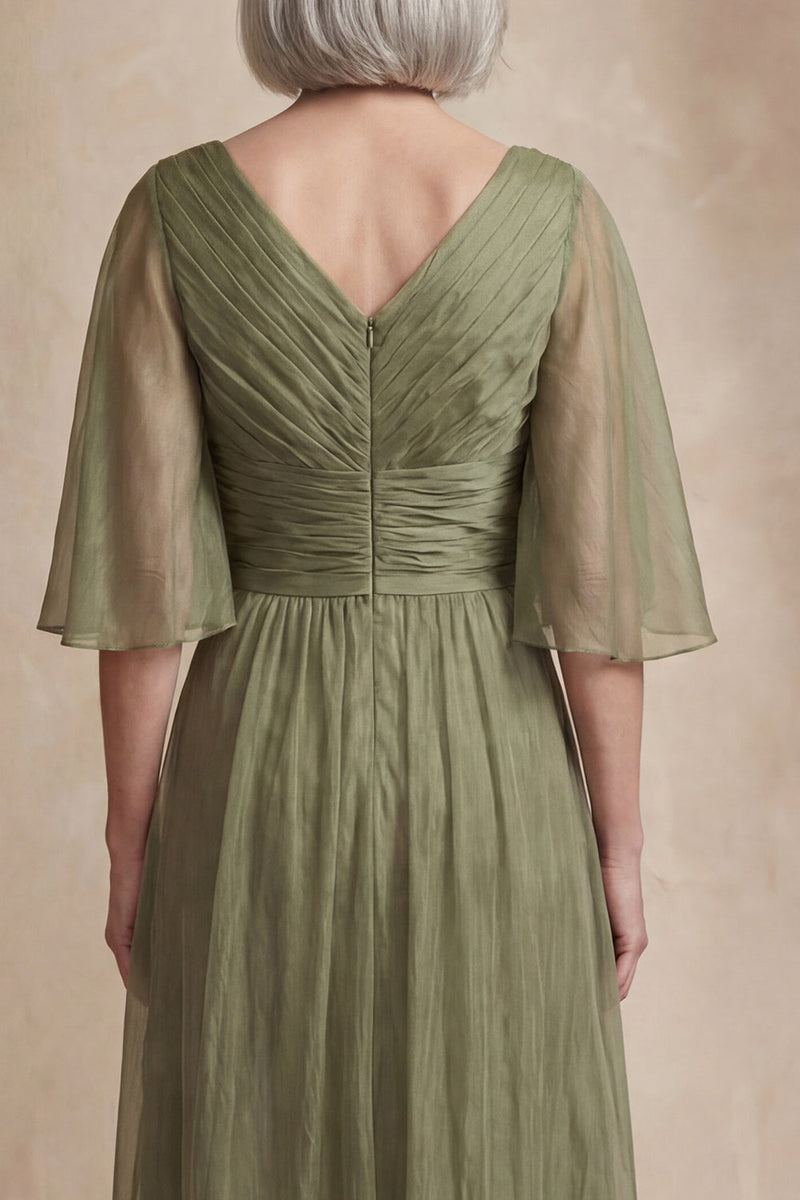 Load image into Gallery viewer, Dusty Sage Flutter Sleeves Long Ruched Mother of the Bride Dress