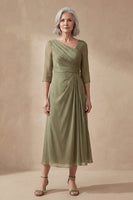 Load image into Gallery viewer, Dusty Sage Long Ruched A Line Mother of the Bride Dress with Sleeves