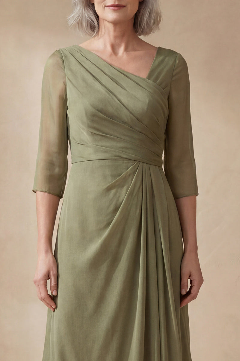 Load image into Gallery viewer, Dusty Sage Long Ruched A Line Mother of the Bride Dress with Sleeves