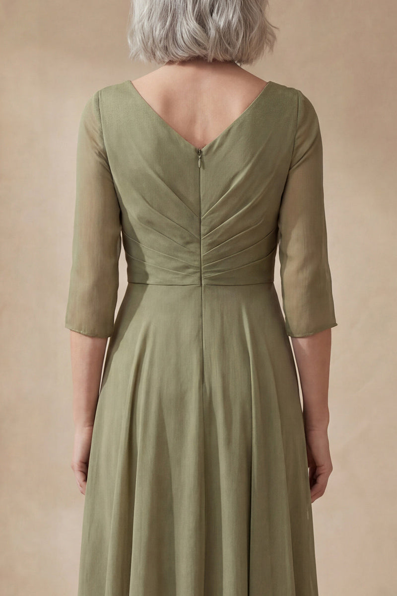 Load image into Gallery viewer, Dusty Sage Long Ruched A Line Mother of the Bride Dress with Sleeves