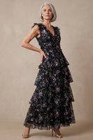 Load image into Gallery viewer, Black V Neck Floral Sparkly Tiered Sequin Long A Line Mother of the Bride Dress with Ruffles