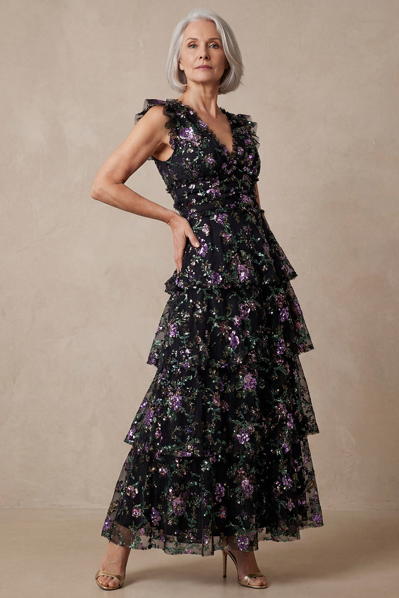 Load image into Gallery viewer, Black V Neck Floral Sparkly Tiered Sequin Long A Line Mother of the Bride Dress with Ruffles
