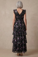 Load image into Gallery viewer, Black V Neck Floral Sparkly Tiered Sequin Long A Line Mother of the Bride Dress with Ruffles