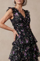 Load image into Gallery viewer, Black V Neck Floral Sparkly Tiered Sequin Long A Line Mother of the Bride Dress with Ruffles