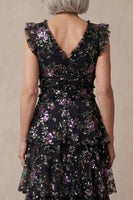 Load image into Gallery viewer, Black V Neck Floral Sparkly Tiered Sequin Long A Line Mother of the Bride Dress with Ruffles