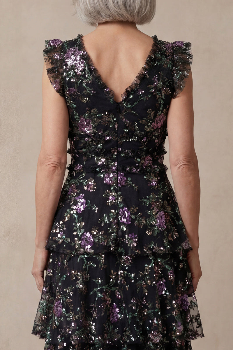 Load image into Gallery viewer, Black V Neck Floral Sparkly Tiered Sequin Long A Line Mother of the Bride Dress with Ruffles