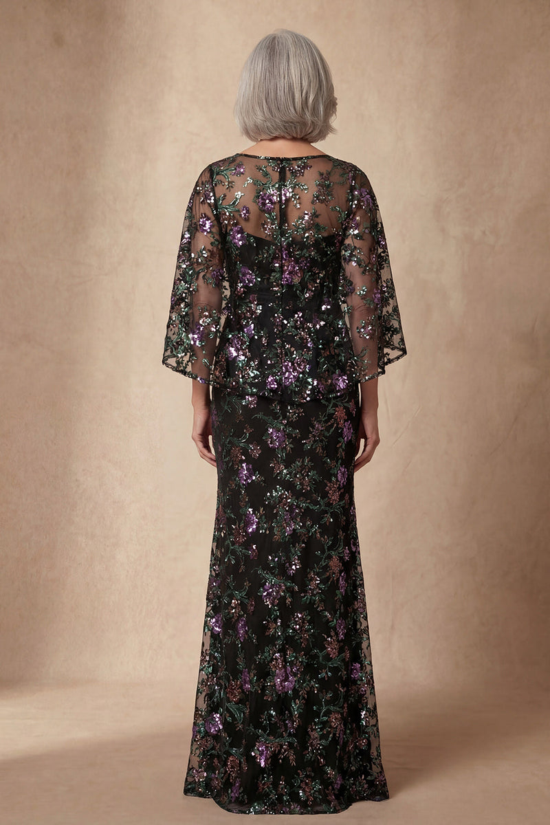 Load image into Gallery viewer, Sparkly Black Sequin Floral Mermaid Long Mother of the Bride Dress with Slit