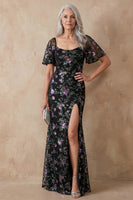 Load image into Gallery viewer, Spakly Black Floral Mermaid Scoop Neck Maxi Mother of the Bride Dress
