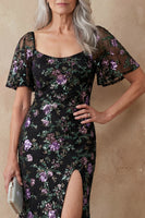 Load image into Gallery viewer, Spakly Black Floral Mermaid Scoop Neck Maxi Mother of the Bride Dress
