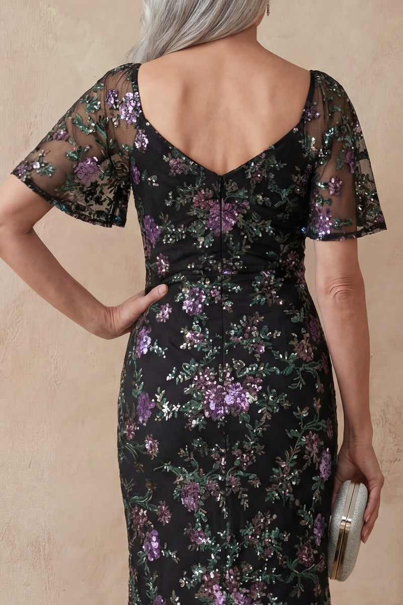 Load image into Gallery viewer, Spakly Black Floral Mermaid Scoop Neck Maxi Mother of the Bride Dress