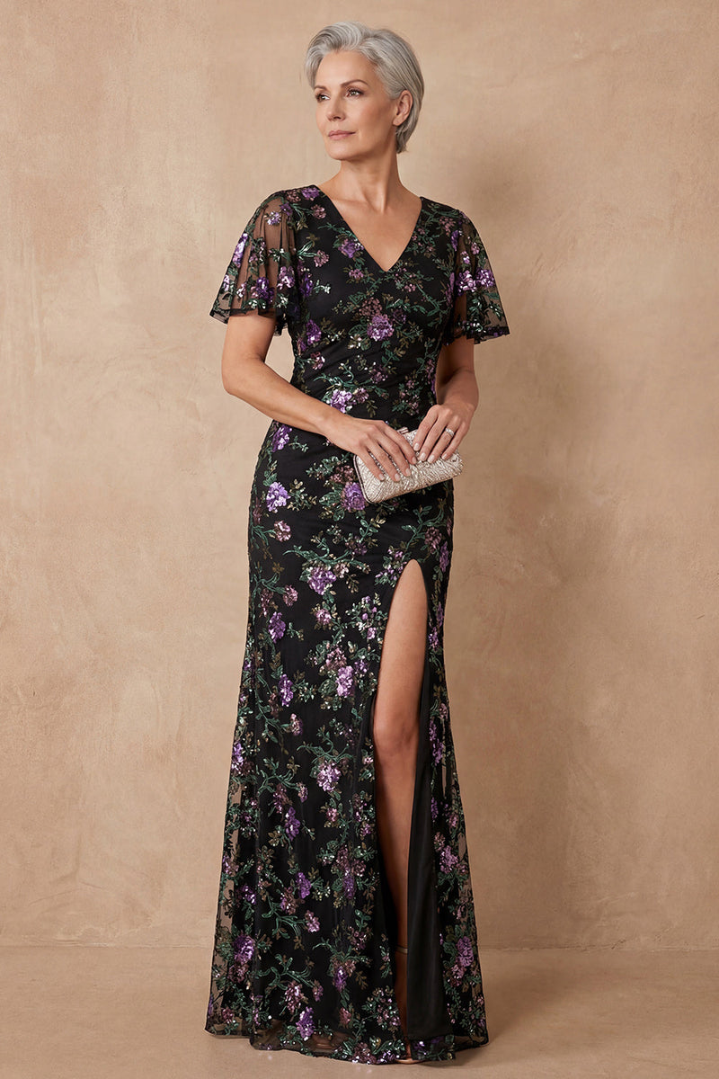 Load image into Gallery viewer, Sparkly Black V Neck Mermaid Sequin Long Mother of the Bride Dress with Slit