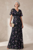 Load image into Gallery viewer, V Neck Floral Sparkly Black Long A Line Mother of the Bride Dress