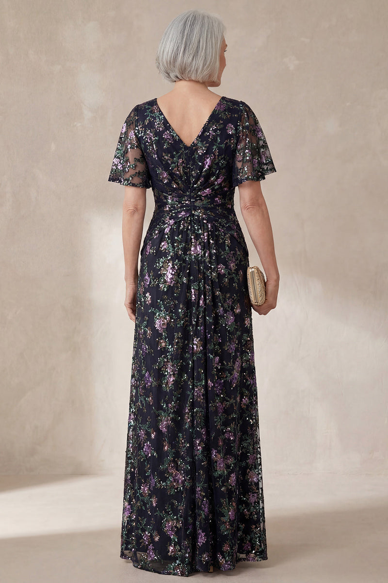 Load image into Gallery viewer, V Neck Floral Sparkly Black Long A Line Mother of the Bride Dress