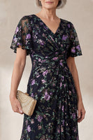 Load image into Gallery viewer, V Neck Floral Sparkly Black Long A Line Mother of the Bride Dress