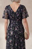 Load image into Gallery viewer, V Neck Floral Sparkly Black Long A Line Mother of the Bride Dress