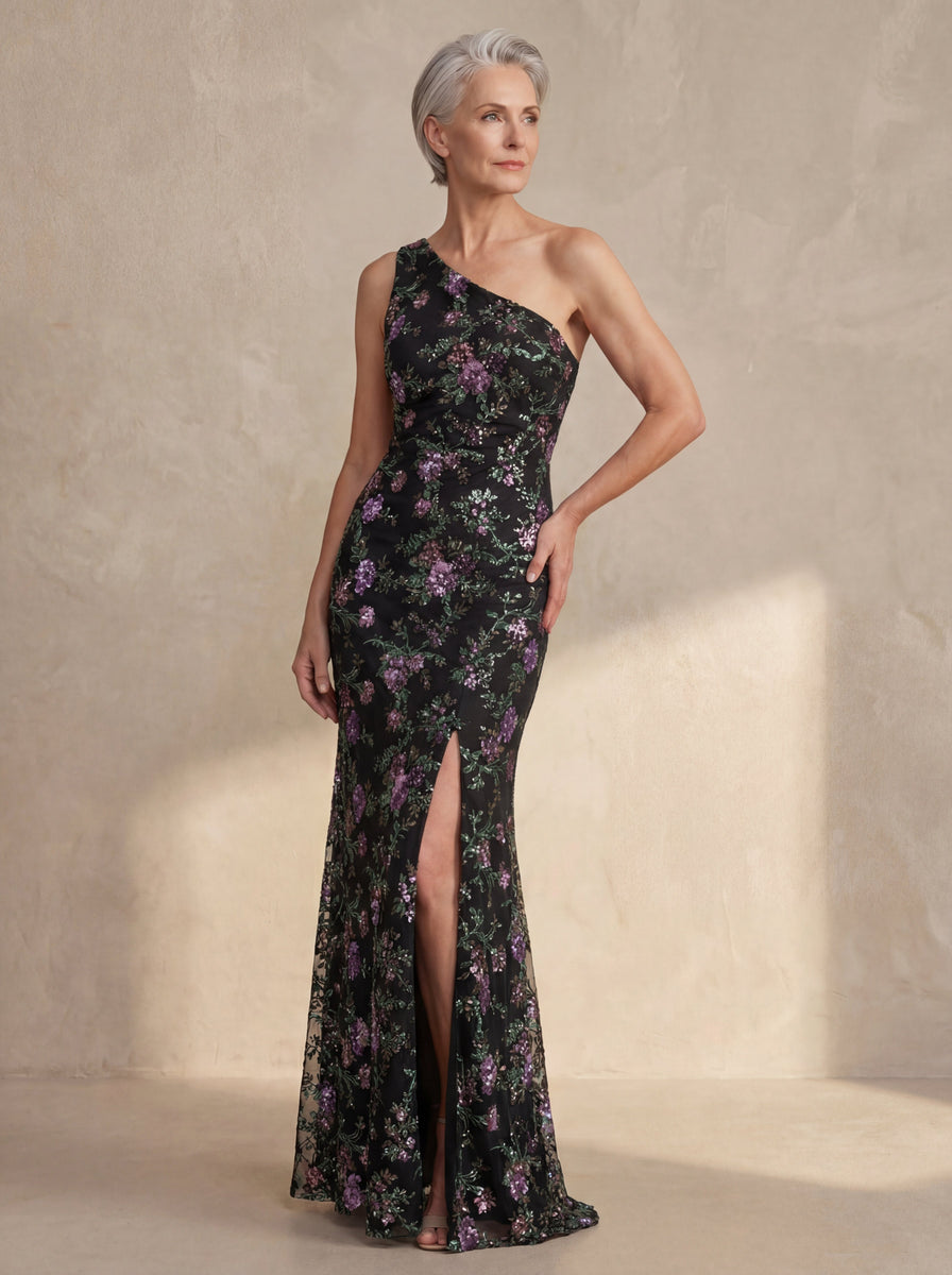 Load image into Gallery viewer, One Shoulder Sparkly Black Sequin Mermaid Floral Long Mother of the Bride Dress with Slit