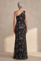 Load image into Gallery viewer, One Shoulder Sparkly Black Sequin Mermaid Floral Long Mother of the Bride Dress with Slit
