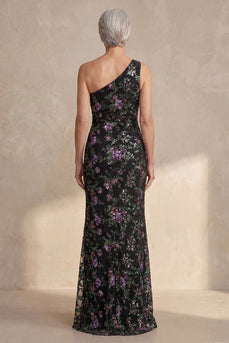 One Shoulder Sparkly Black Sequin Mermaid Floral Long Mother of the Bride Dress with Slit