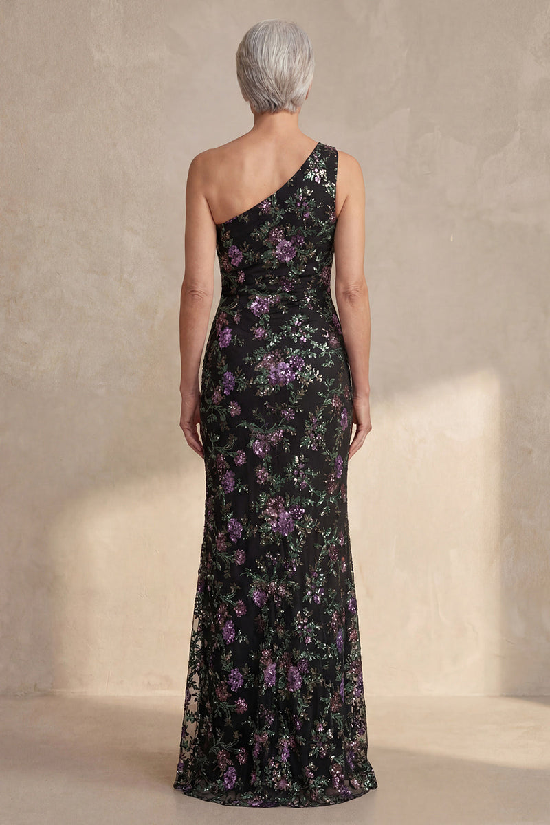 Load image into Gallery viewer, One Shoulder Sparkly Black Sequin Mermaid Floral Long Mother of the Bride Dress with Slit