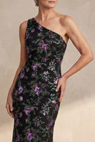Load image into Gallery viewer, One Shoulder Sparkly Black Sequin Mermaid Floral Long Mother of the Bride Dress with Slit