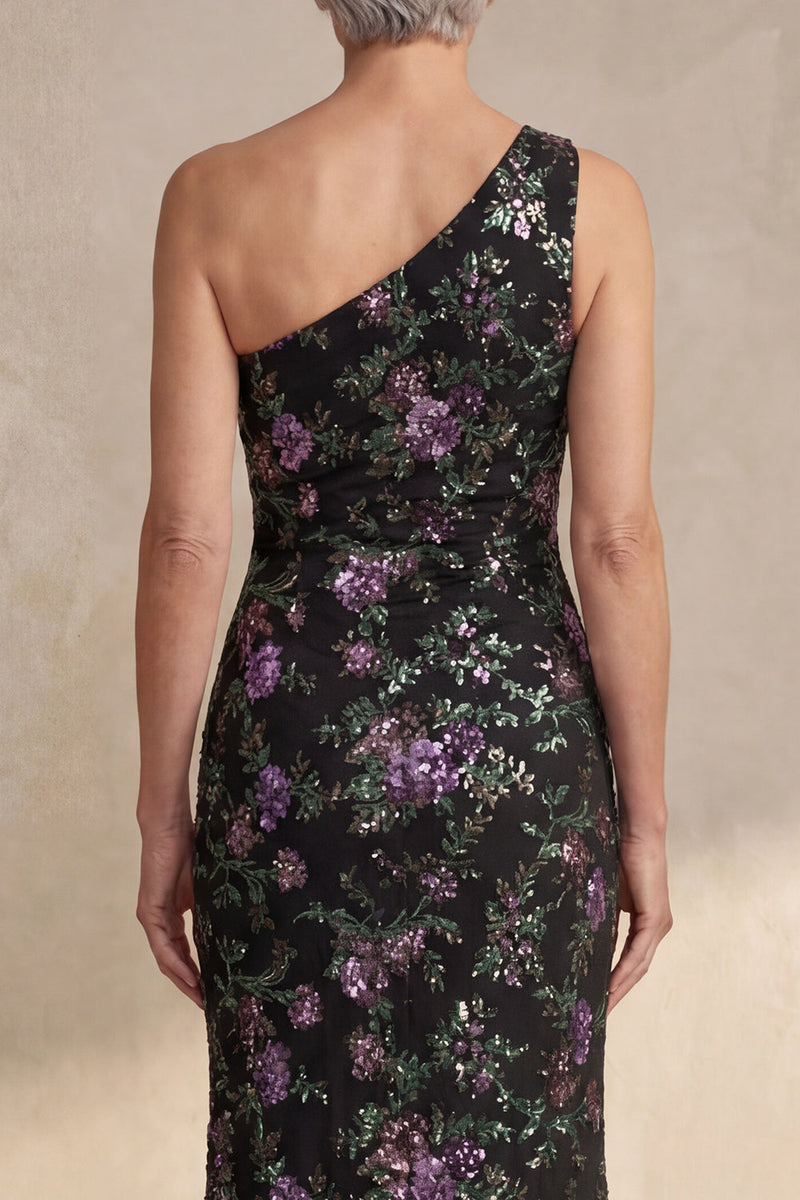 Load image into Gallery viewer, One Shoulder Sparkly Black Sequin Mermaid Floral Long Mother of the Bride Dress with Slit