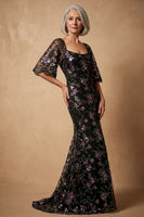 Load image into Gallery viewer, Sparkly Mermaid Square Neck Black Floral Long Mother of the Bride Dress with Sleeves