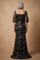 Load image into Gallery viewer, Sparkly Mermaid Square Neck Black Floral Long Mother of the Bride Dress with Sleeves