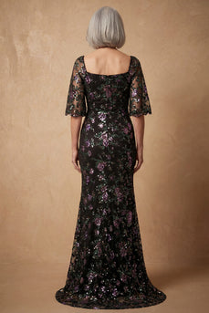 Sparkly Mermaid Square Neck Black Floral Long Mother of the Bride Dress with Sleeves