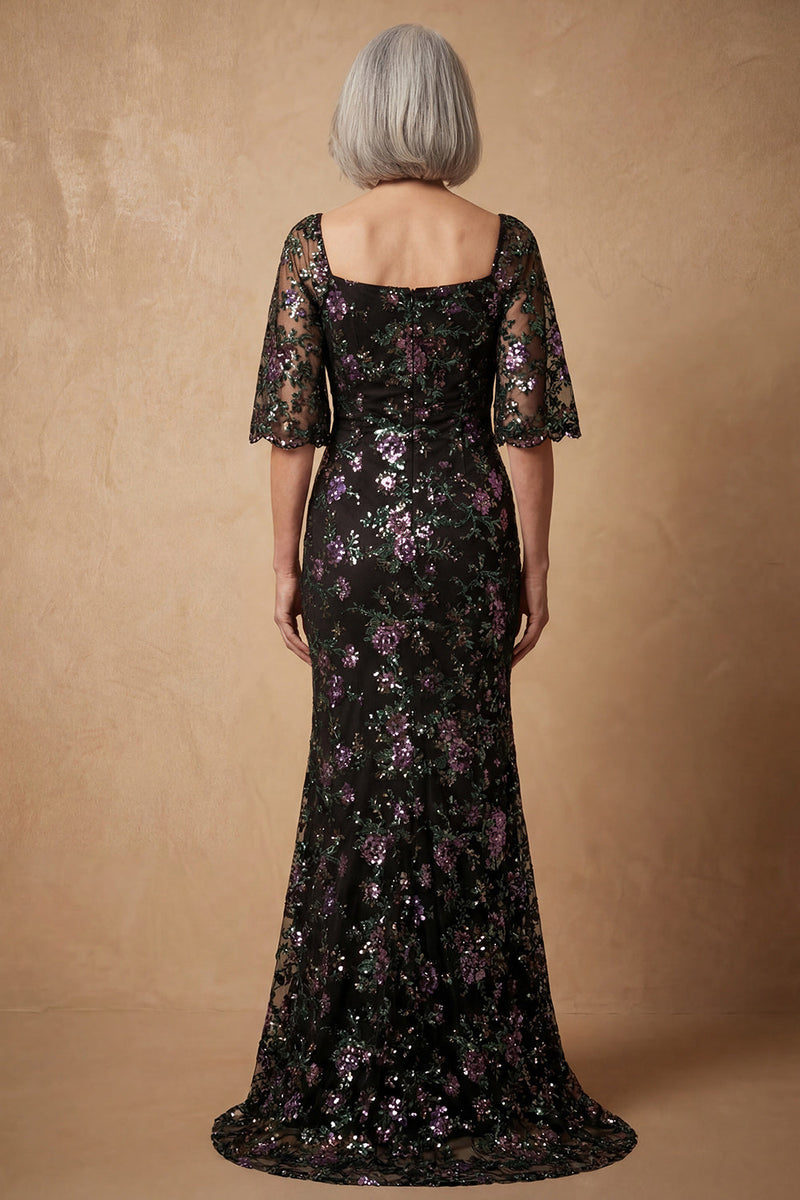 Load image into Gallery viewer, Sparkly Mermaid Square Neck Black Floral Long Mother of the Bride Dress with Sleeves
