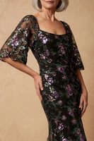 Load image into Gallery viewer, Sparkly Mermaid Square Neck Black Floral Long Mother of the Bride Dress with Sleeves