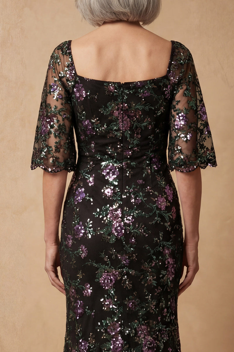 Load image into Gallery viewer, Sparkly Mermaid Square Neck Black Floral Long Mother of the Bride Dress with Sleeves