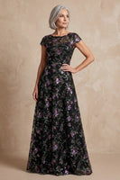 Load image into Gallery viewer, Floral Boat Neck Long A Line Sparkly Black Long Mother of the Bride Dress