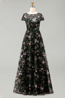 Load image into Gallery viewer, Floral Boat Neck Long A Line Sparkly Black Long Mother of the Bride Dress