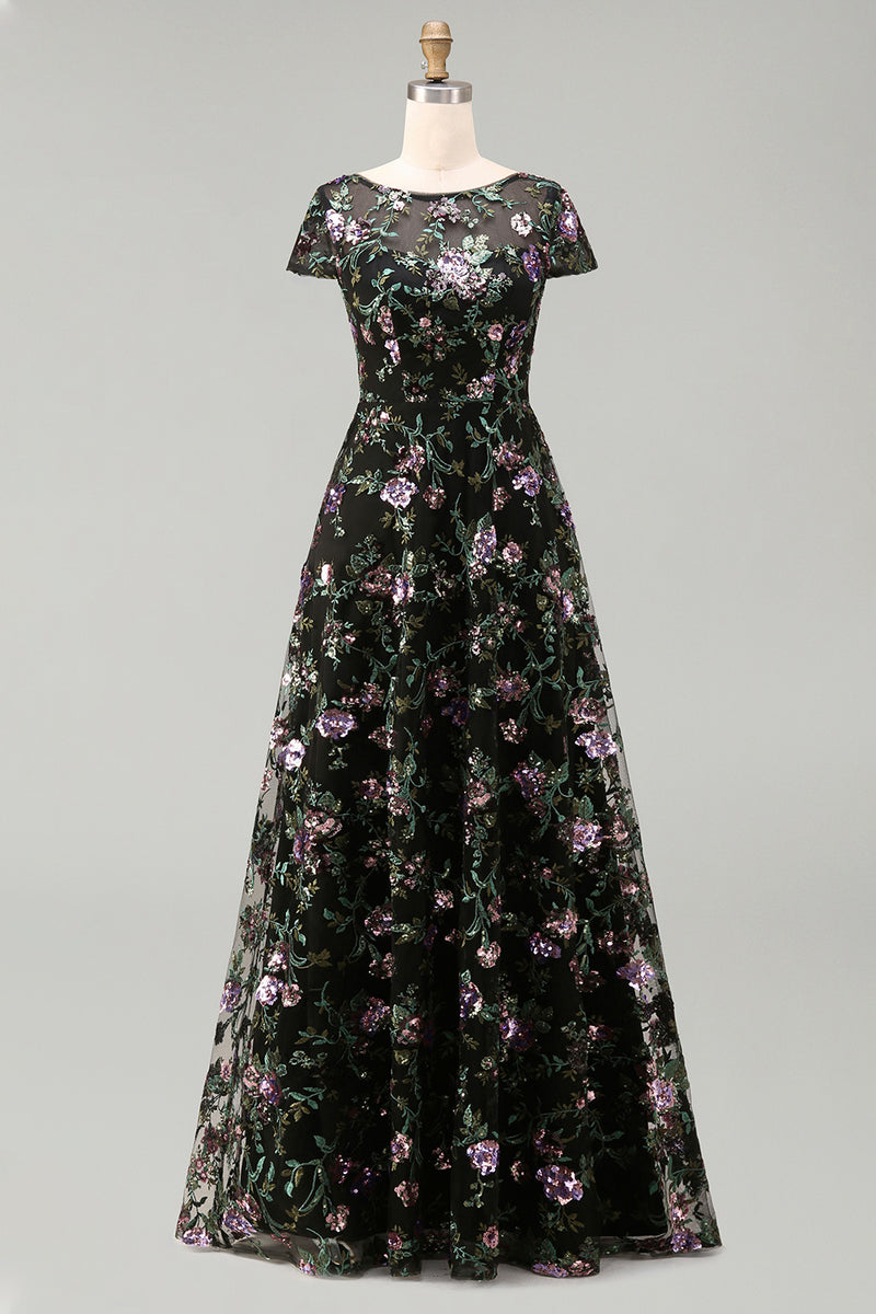 Load image into Gallery viewer, Floral Boat Neck Long A Line Sparkly Black Long Mother of the Bride Dress