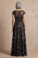 Load image into Gallery viewer, Floral Boat Neck Long A Line Sparkly Black Long Mother of the Bride Dress