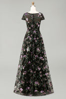 Load image into Gallery viewer, Floral Boat Neck Long A Line Sparkly Black Long Mother of the Bride Dress