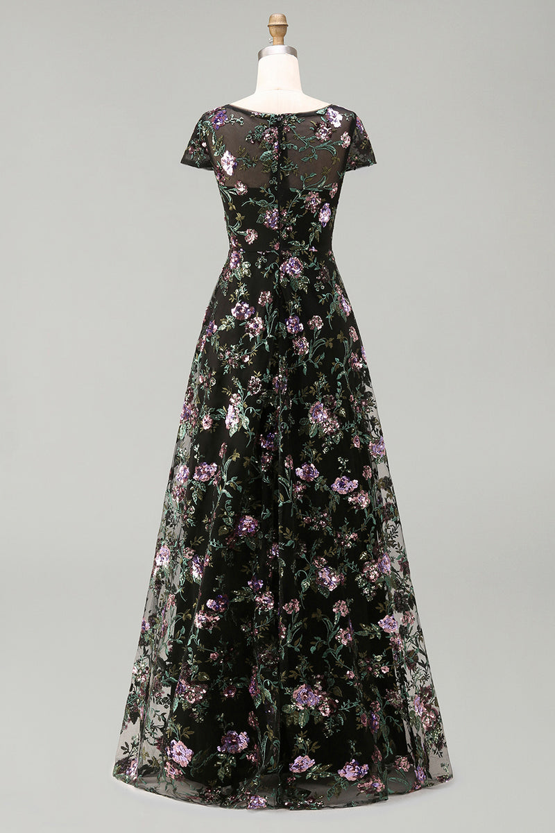Load image into Gallery viewer, Floral Boat Neck Long A Line Sparkly Black Long Mother of the Bride Dress