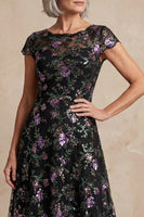 Load image into Gallery viewer, Floral Boat Neck Long A Line Sparkly Black Long Mother of the Bride Dress