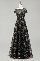 Load image into Gallery viewer, Floral Boat Neck Long A Line Sparkly Black Long Mother of the Bride Dress