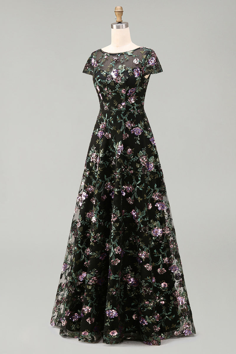 Load image into Gallery viewer, Floral Boat Neck Long A Line Sparkly Black Long Mother of the Bride Dress