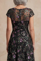 Load image into Gallery viewer, Floral Boat Neck Long A Line Sparkly Black Long Mother of the Bride Dress