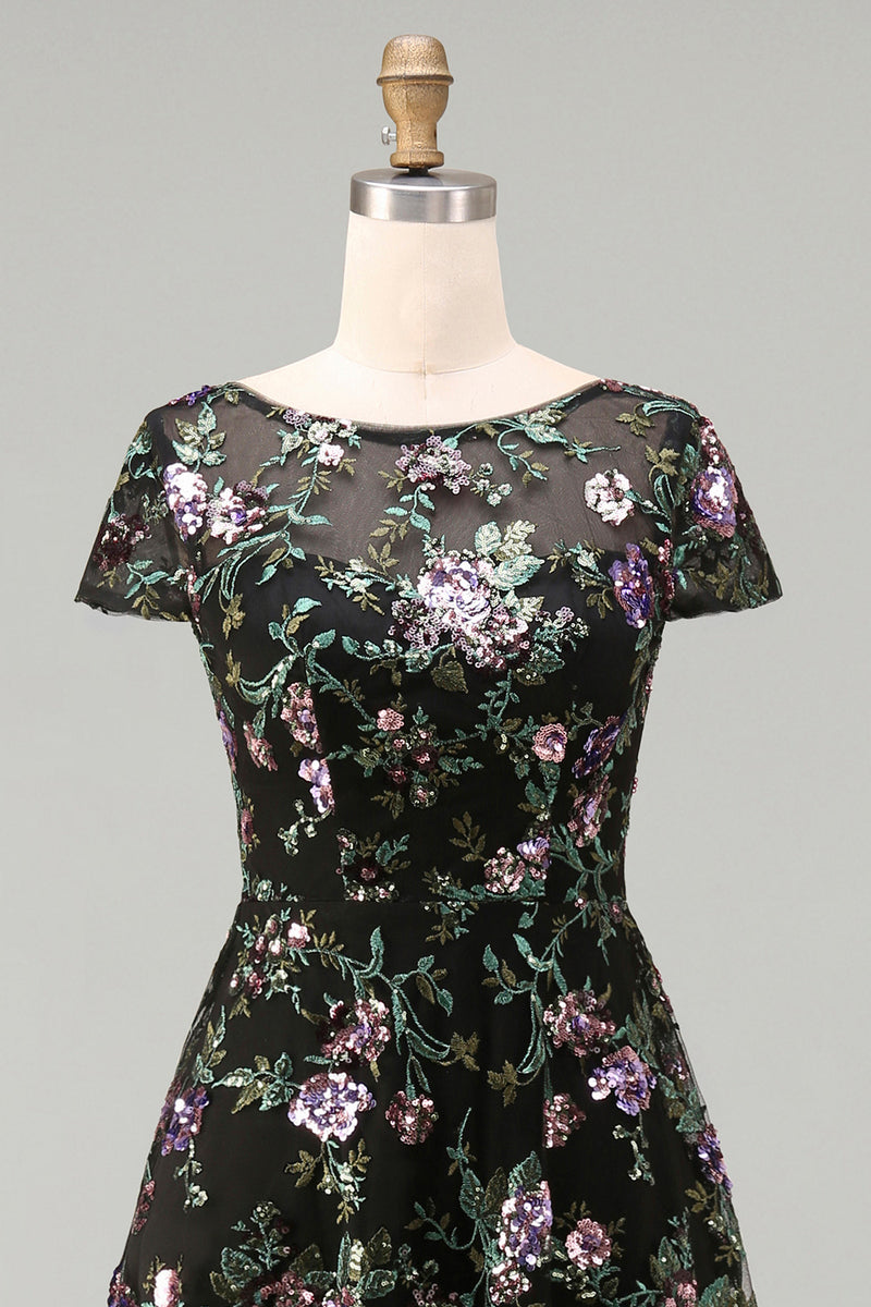 Load image into Gallery viewer, Floral Boat Neck Long A Line Sparkly Black Long Mother of the Bride Dress