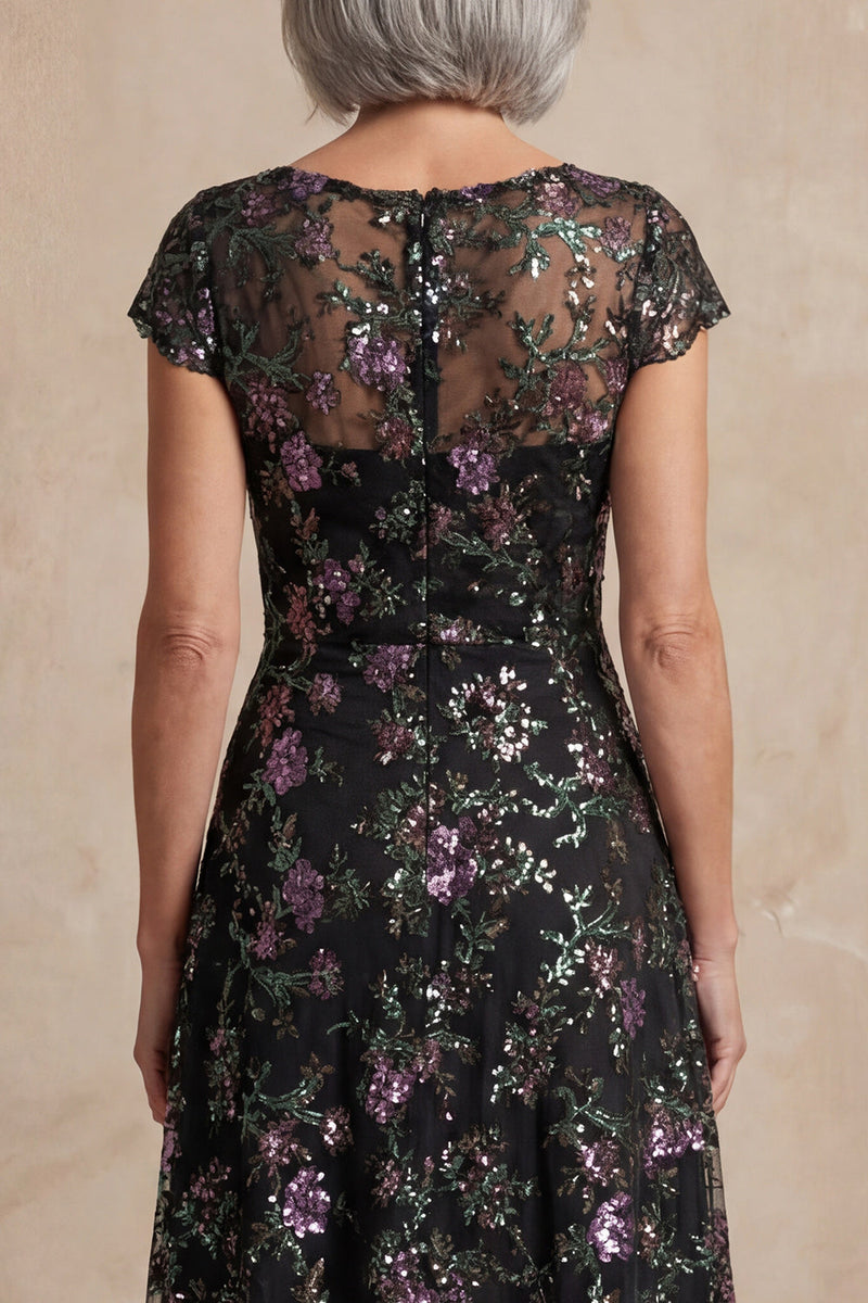 Load image into Gallery viewer, Floral Boat Neck Long A Line Sparkly Black Long Mother of the Bride Dress