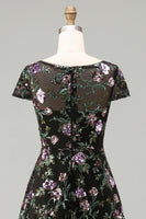 Load image into Gallery viewer, Floral Boat Neck Long A Line Sparkly Black Long Mother of the Bride Dress
