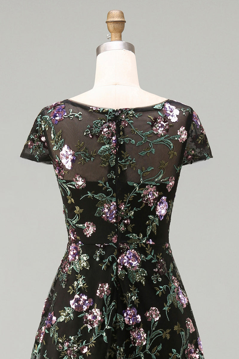 Load image into Gallery viewer, Floral Boat Neck Long A Line Sparkly Black Long Mother of the Bride Dress